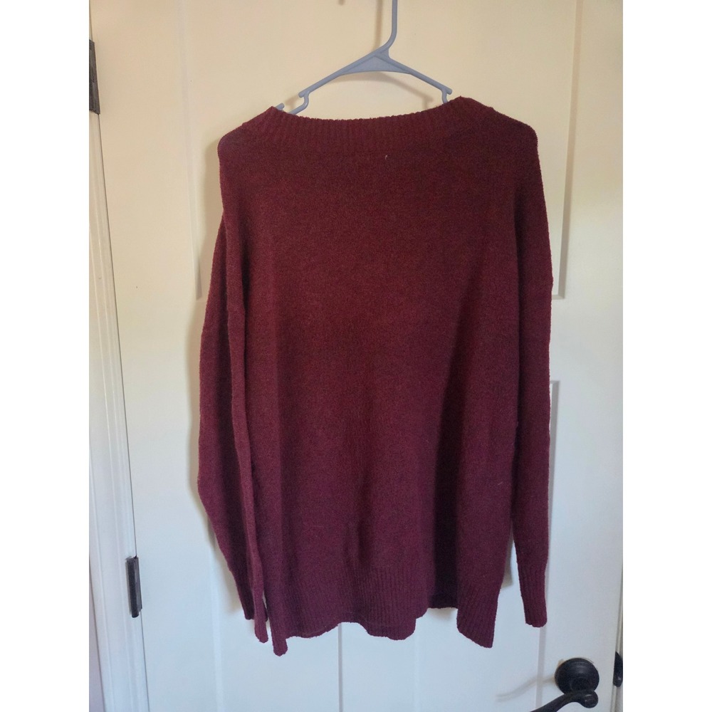 Burgundy Cutout V-Neck Long Sleeve Knit Pullover Sweater Maroon Center Seam